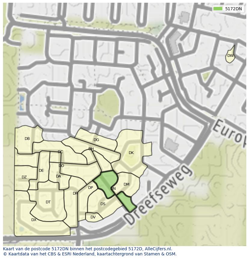 Afbeelding van het postcodegebied 5172 DN op de kaart.