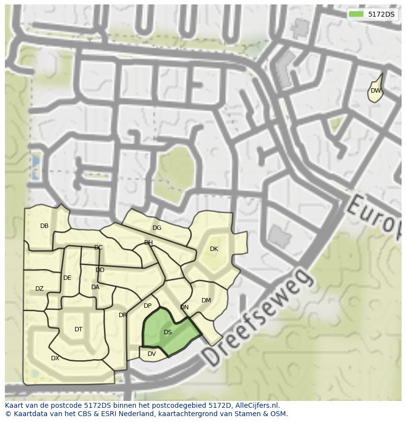 Afbeelding van het postcodegebied 5172 DS op de kaart.