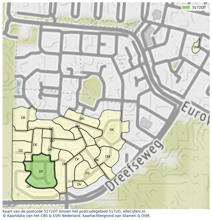Afbeelding van het postcodegebied 5172 DT op de kaart.
