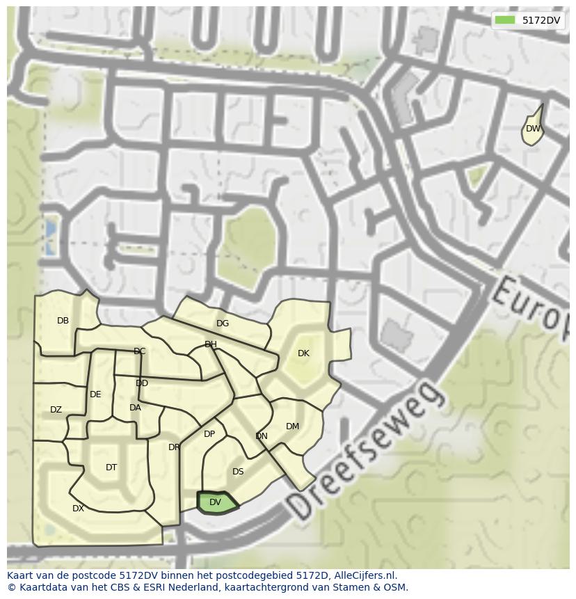 Afbeelding van het postcodegebied 5172 DV op de kaart.