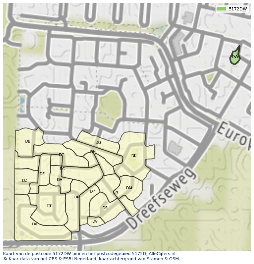 Afbeelding van het postcodegebied 5172 DW op de kaart.