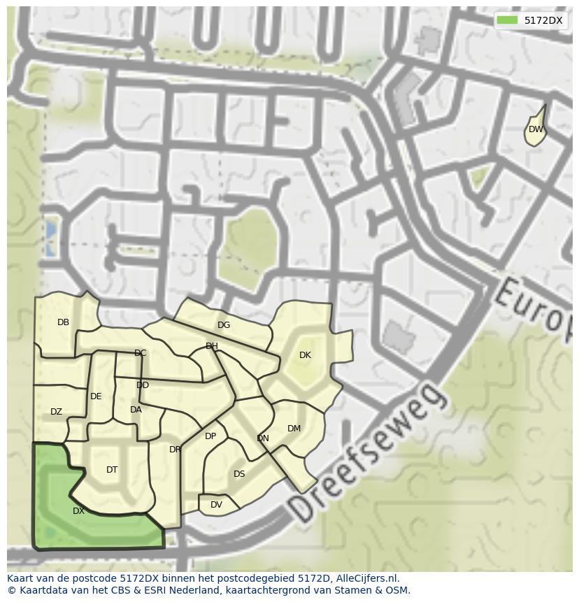 Afbeelding van het postcodegebied 5172 DX op de kaart.