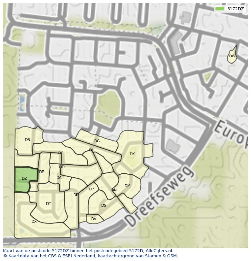 Afbeelding van het postcodegebied 5172 DZ op de kaart.