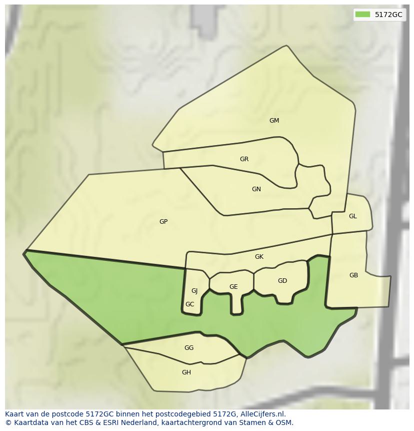 Afbeelding van het postcodegebied 5172 GC op de kaart.