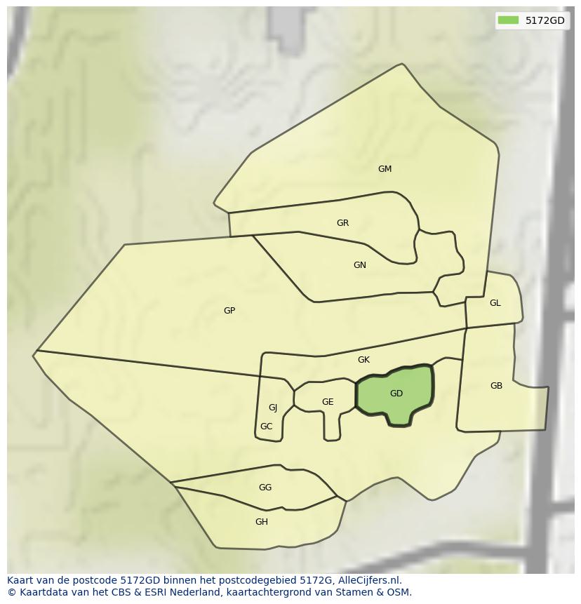 Afbeelding van het postcodegebied 5172 GD op de kaart.
