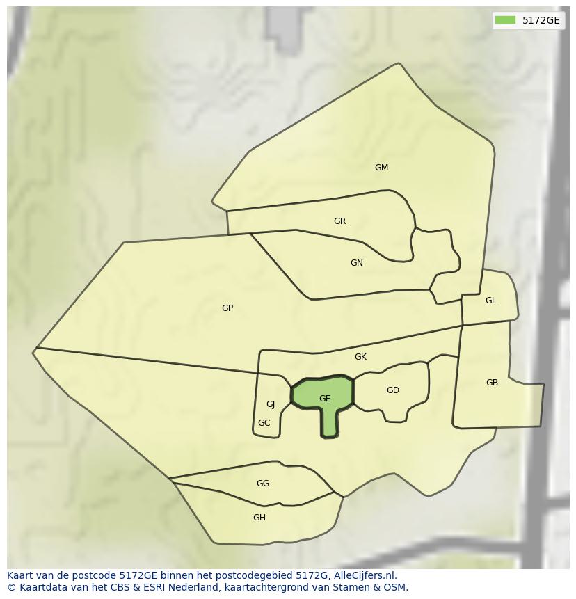 Afbeelding van het postcodegebied 5172 GE op de kaart.