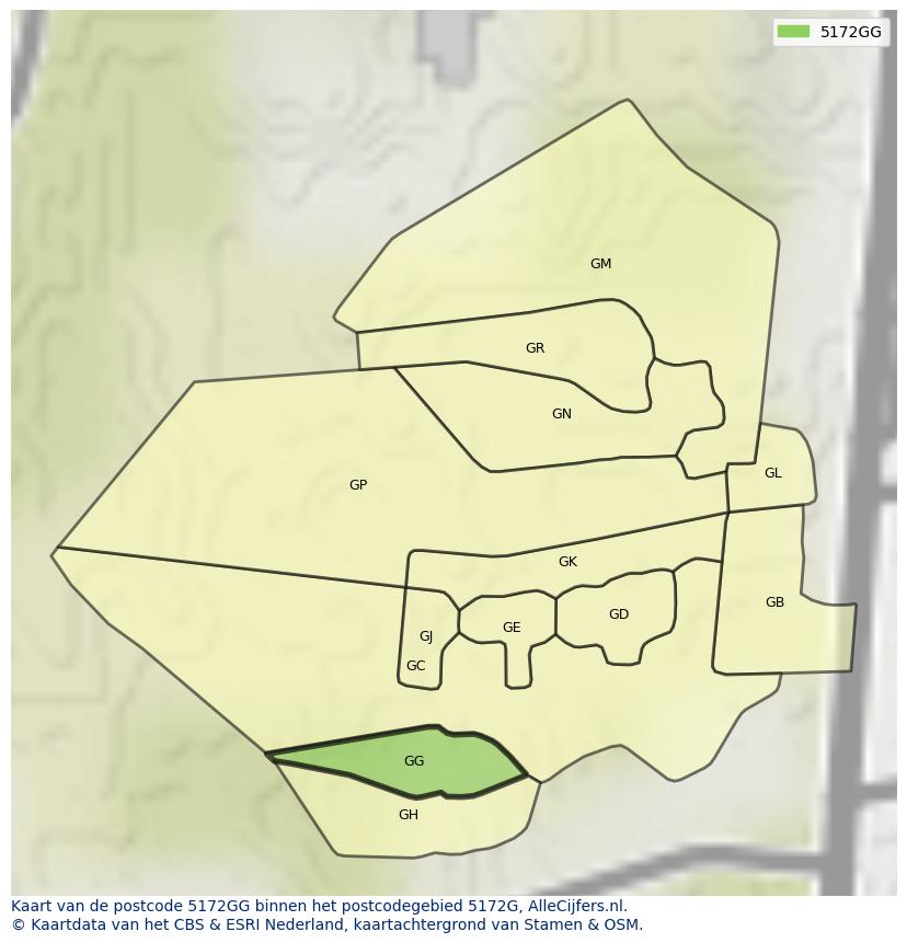 Afbeelding van het postcodegebied 5172 GG op de kaart.