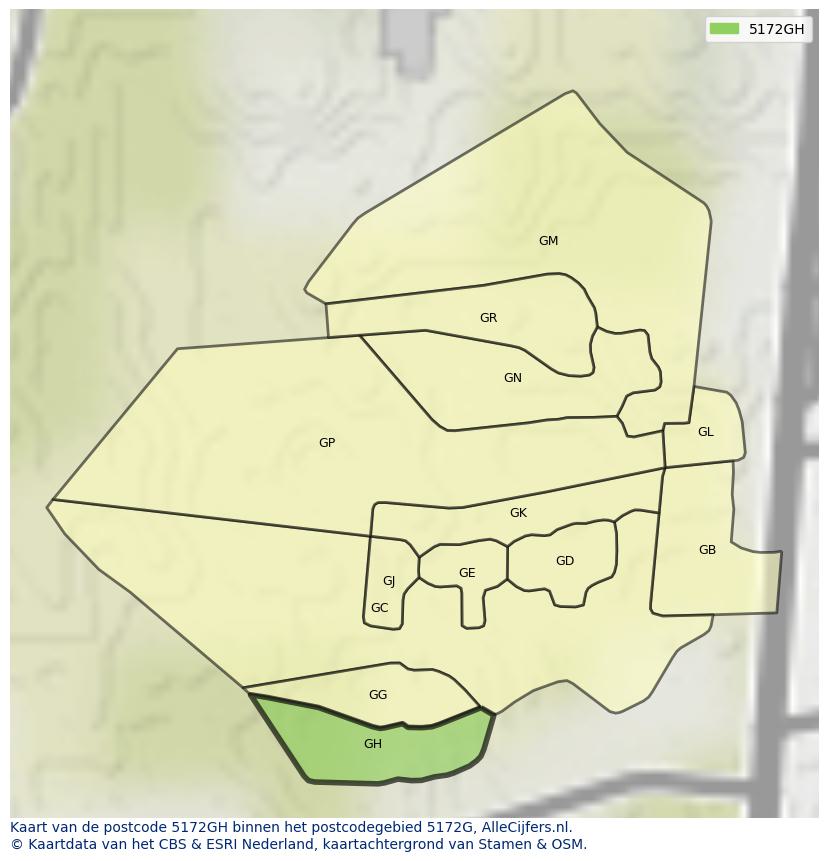 Afbeelding van het postcodegebied 5172 GH op de kaart.