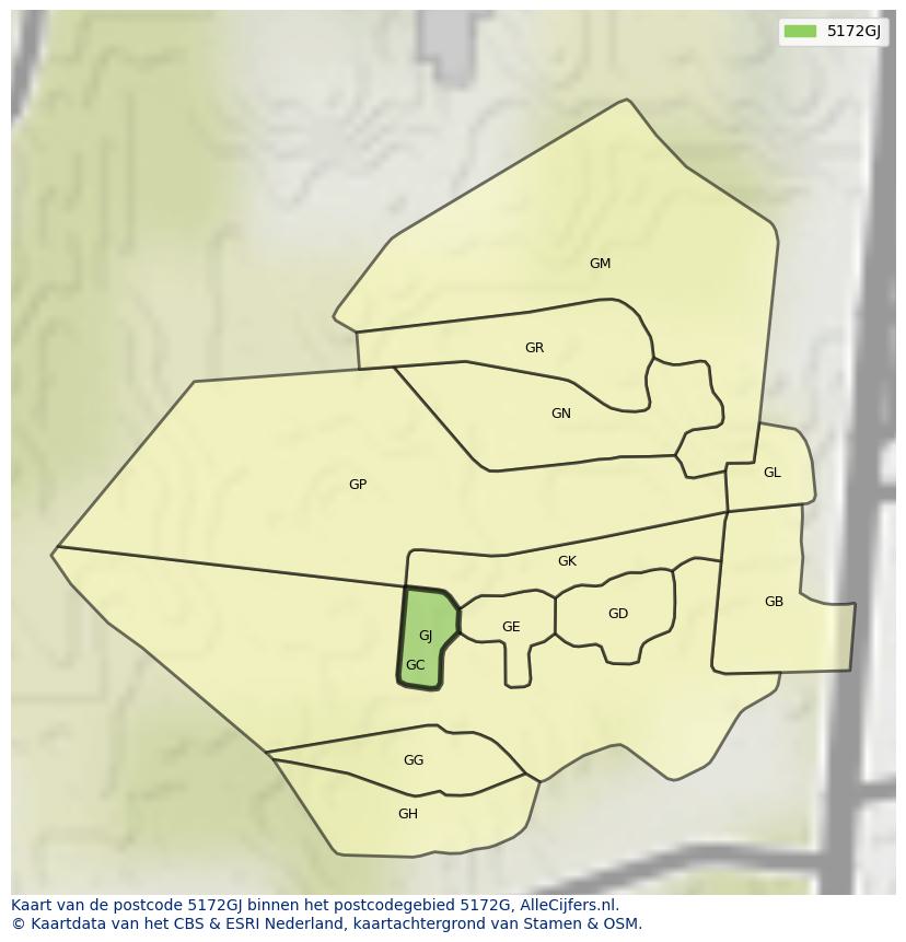 Afbeelding van het postcodegebied 5172 GJ op de kaart.