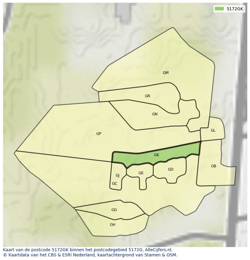 Afbeelding van het postcodegebied 5172 GK op de kaart.