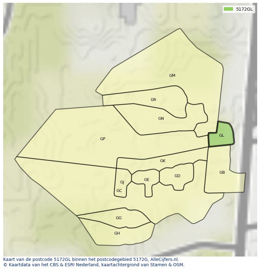Afbeelding van het postcodegebied 5172 GL op de kaart.