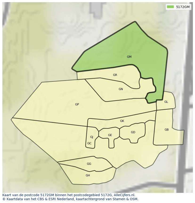 Afbeelding van het postcodegebied 5172 GM op de kaart.