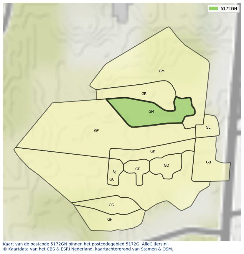 Afbeelding van het postcodegebied 5172 GN op de kaart.