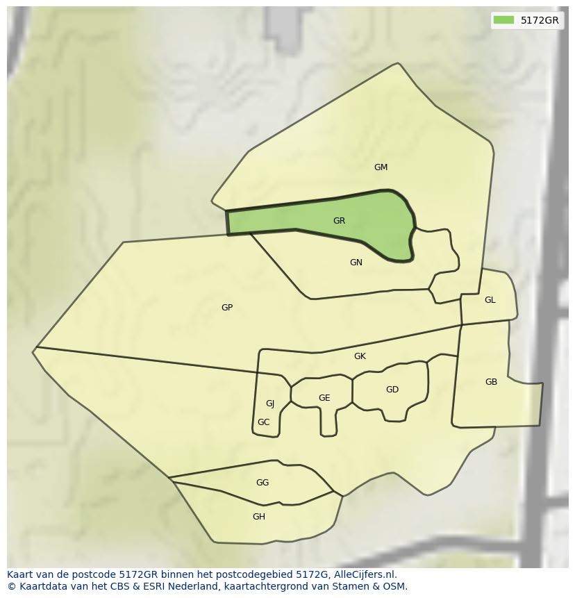 Afbeelding van het postcodegebied 5172 GR op de kaart.