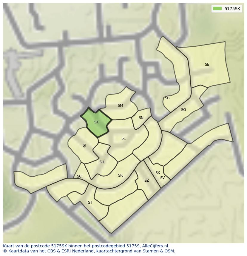 Afbeelding van het postcodegebied 5175 SK op de kaart.