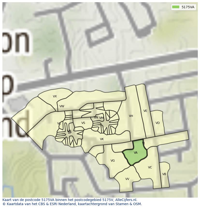 Afbeelding van het postcodegebied 5175 VA op de kaart.