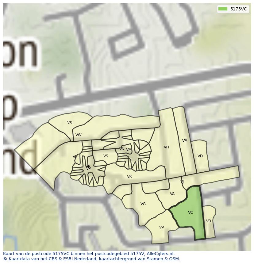 Afbeelding van het postcodegebied 5175 VC op de kaart.