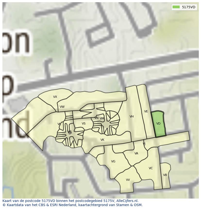 Afbeelding van het postcodegebied 5175 VD op de kaart.
