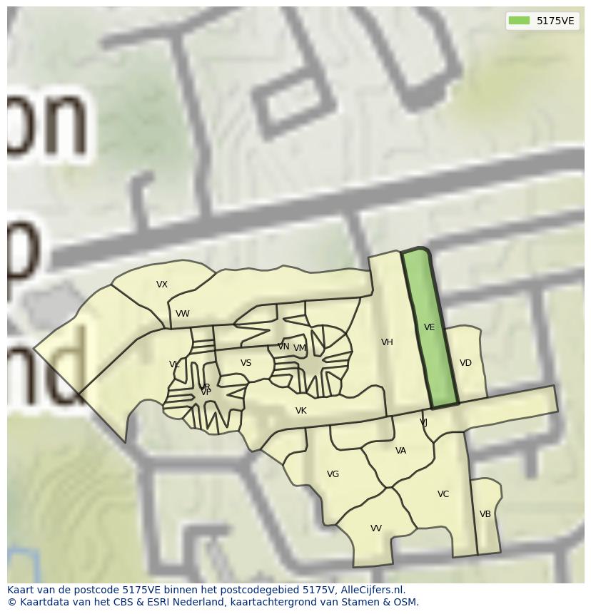 Afbeelding van het postcodegebied 5175 VE op de kaart.