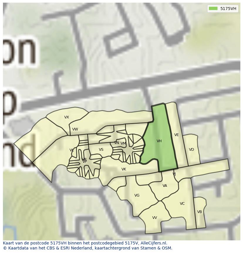 Afbeelding van het postcodegebied 5175 VH op de kaart.