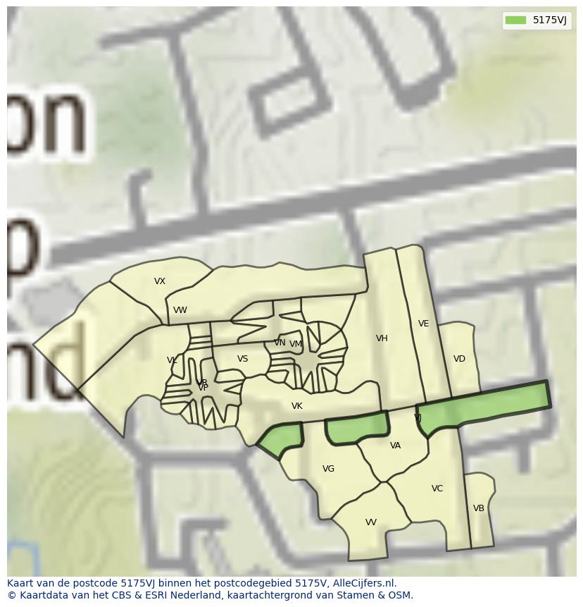 Afbeelding van het postcodegebied 5175 VJ op de kaart.