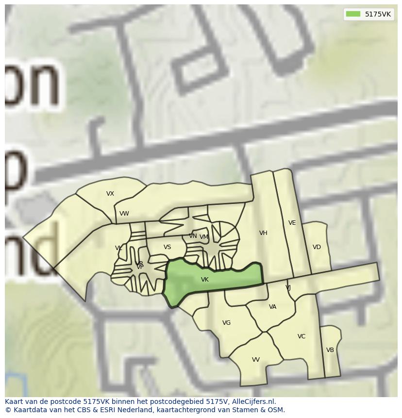 Afbeelding van het postcodegebied 5175 VK op de kaart.