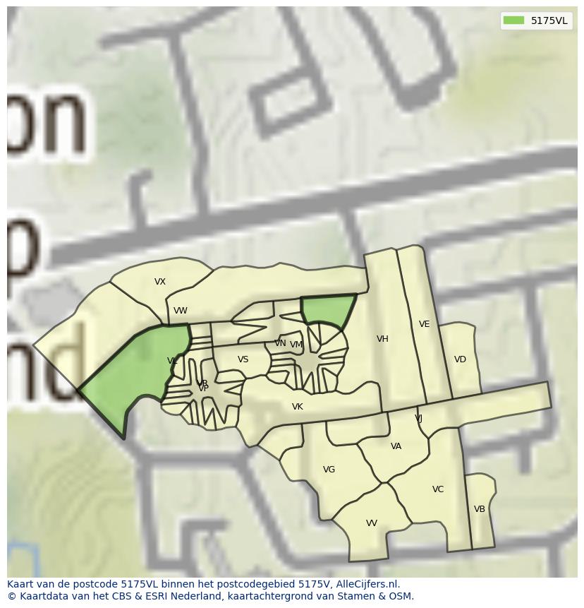 Afbeelding van het postcodegebied 5175 VL op de kaart.