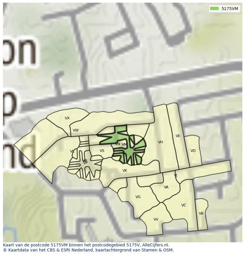 Afbeelding van het postcodegebied 5175 VM op de kaart.