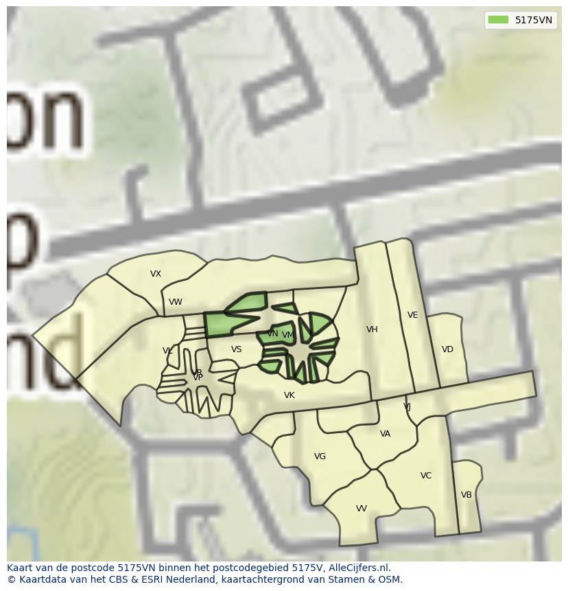 Afbeelding van het postcodegebied 5175 VN op de kaart.