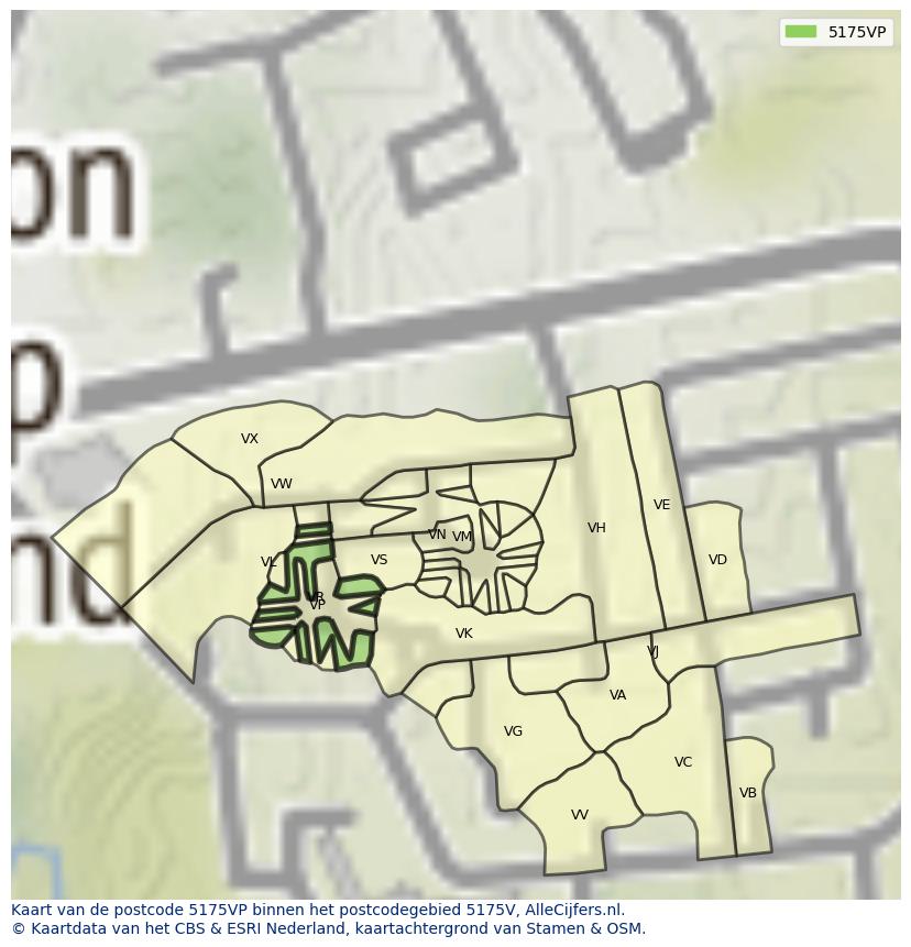 Afbeelding van het postcodegebied 5175 VP op de kaart.