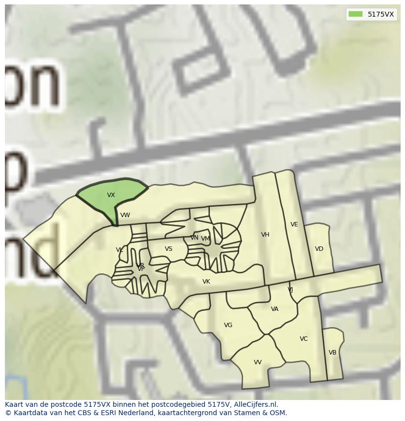 Afbeelding van het postcodegebied 5175 VX op de kaart.