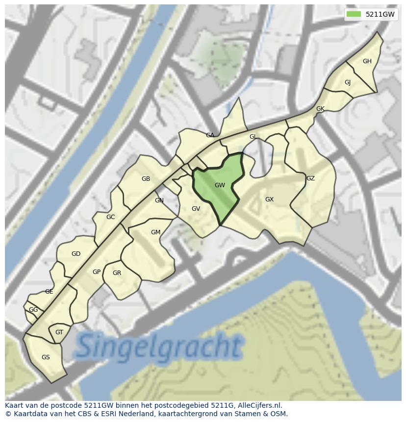 Afbeelding van het postcodegebied 5211 GW op de kaart.