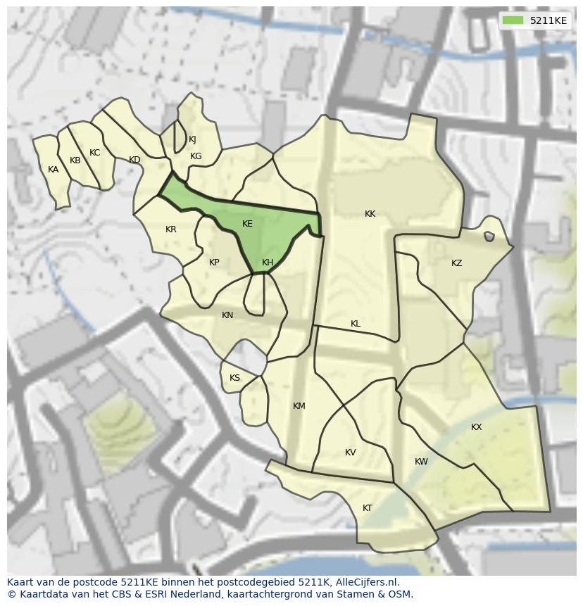 Afbeelding van het postcodegebied 5211 KE op de kaart.