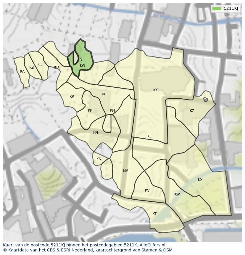 Afbeelding van het postcodegebied 5211 KJ op de kaart.