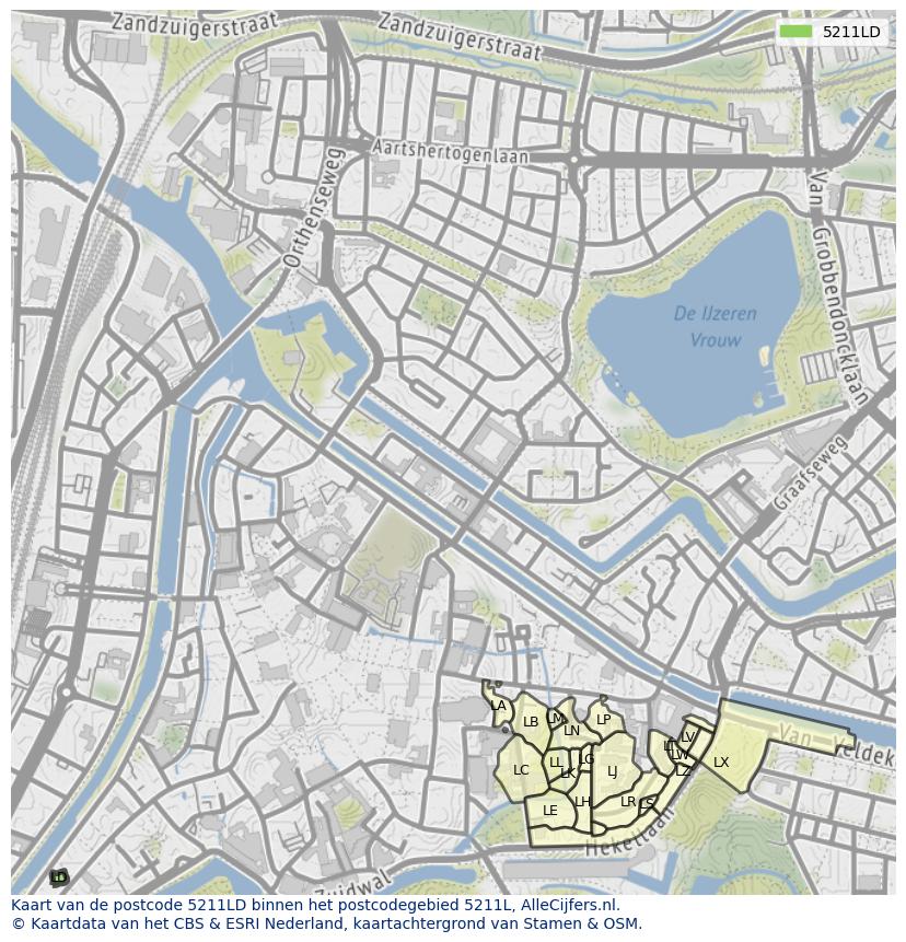 Afbeelding van het postcodegebied 5211 LD op de kaart.