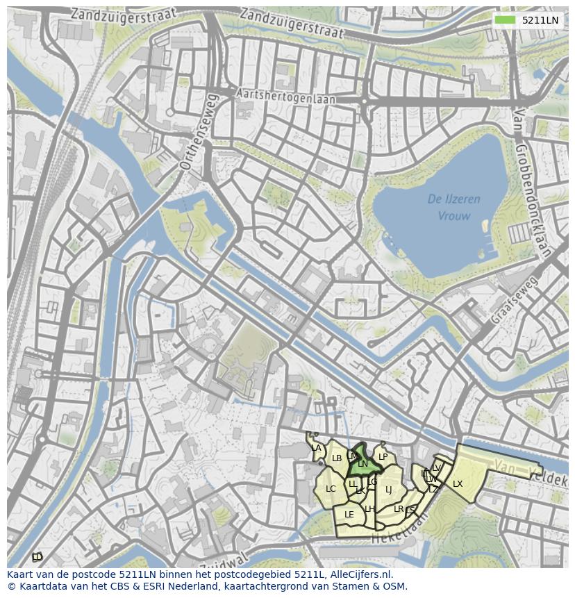 Afbeelding van het postcodegebied 5211 LN op de kaart.