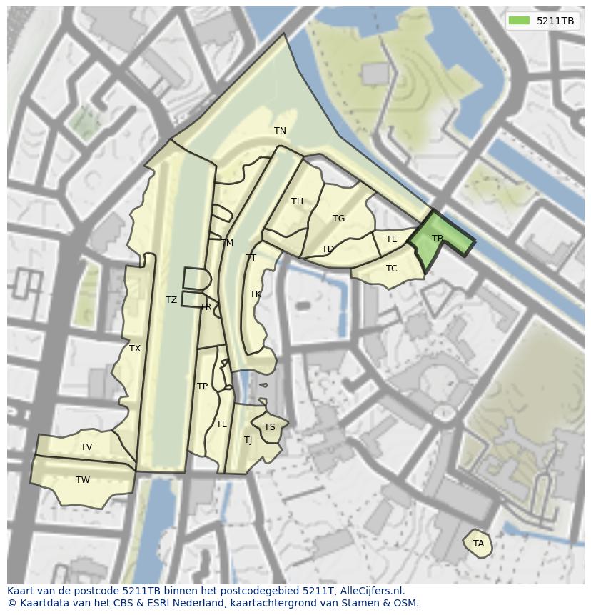 Afbeelding van het postcodegebied 5211 TB op de kaart.