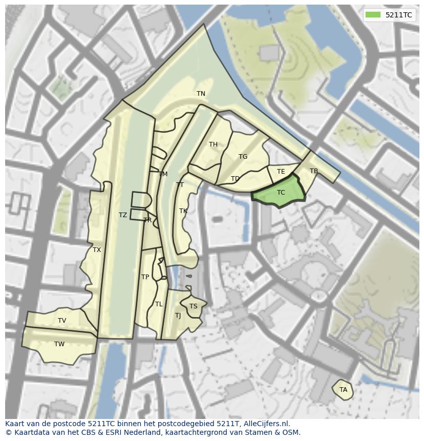 Afbeelding van het postcodegebied 5211 TC op de kaart.