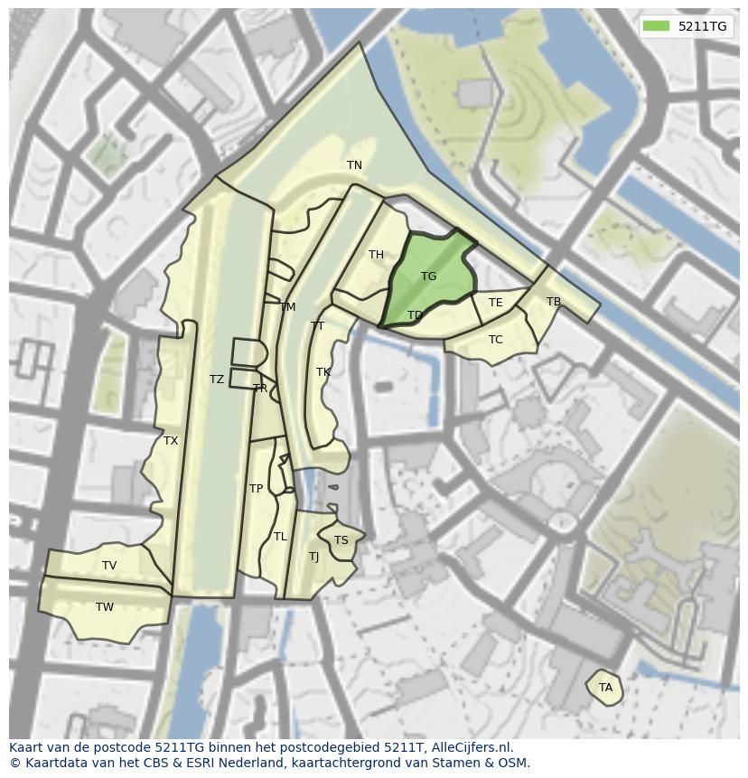 Afbeelding van het postcodegebied 5211 TG op de kaart.