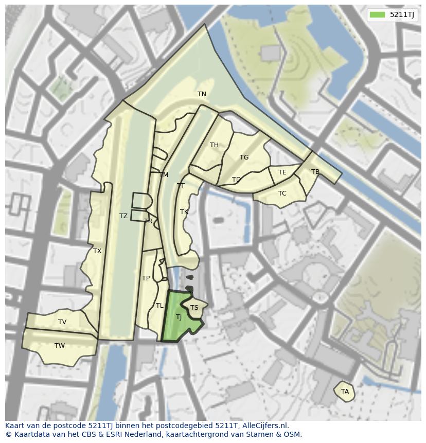 Afbeelding van het postcodegebied 5211 TJ op de kaart.