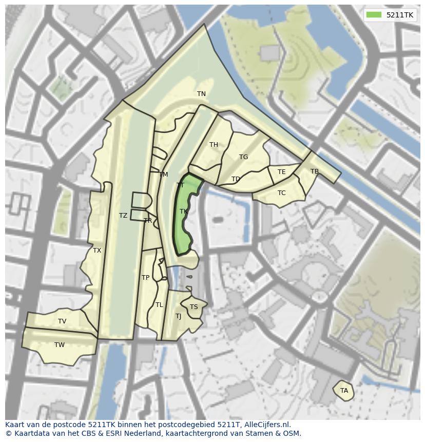 Afbeelding van het postcodegebied 5211 TK op de kaart.