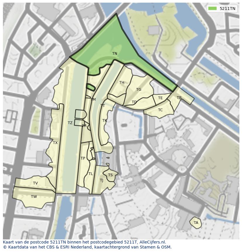 Afbeelding van het postcodegebied 5211 TN op de kaart.