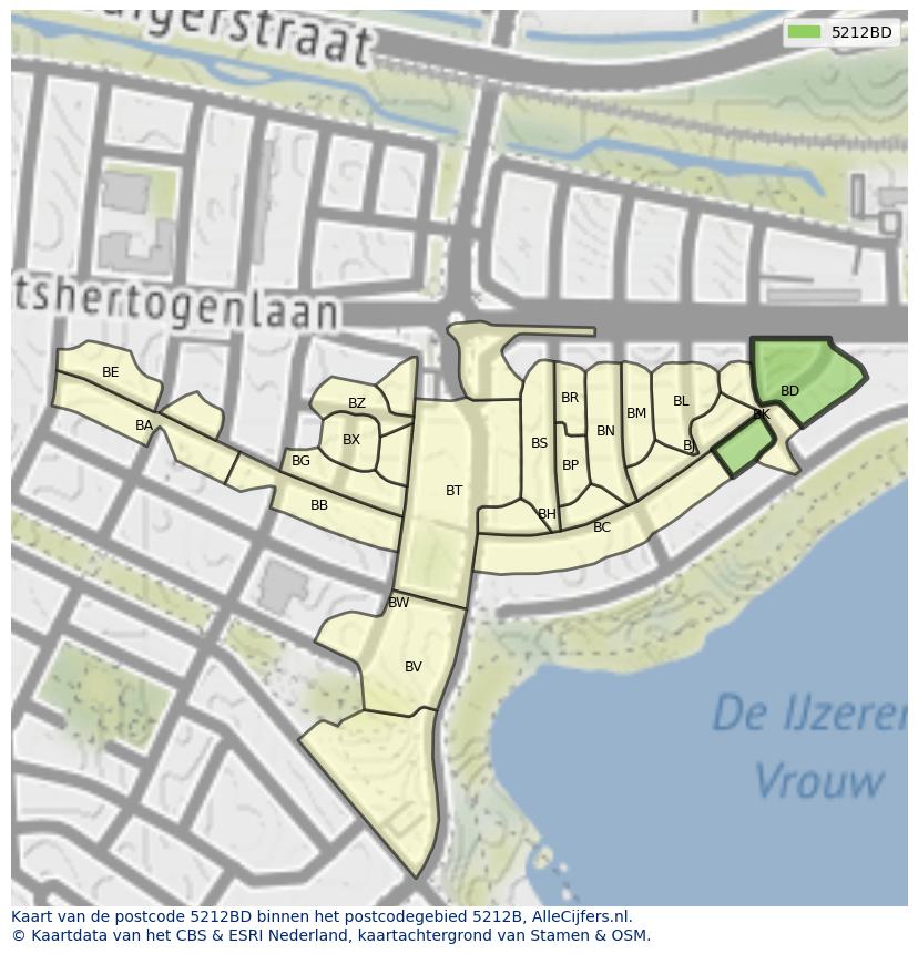 Afbeelding van het postcodegebied 5212 BD op de kaart.