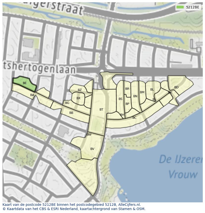 Afbeelding van het postcodegebied 5212 BE op de kaart.