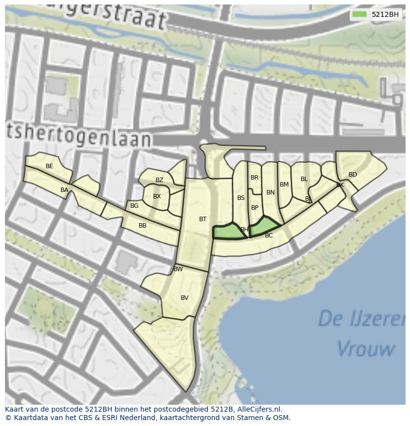 Afbeelding van het postcodegebied 5212 BH op de kaart.