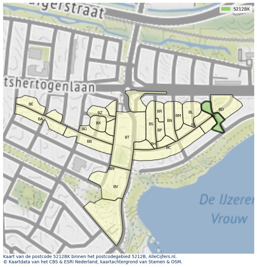Afbeelding van het postcodegebied 5212 BK op de kaart.