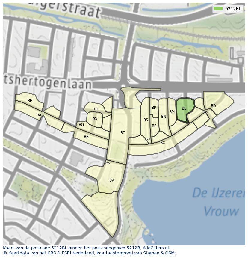 Afbeelding van het postcodegebied 5212 BL op de kaart.