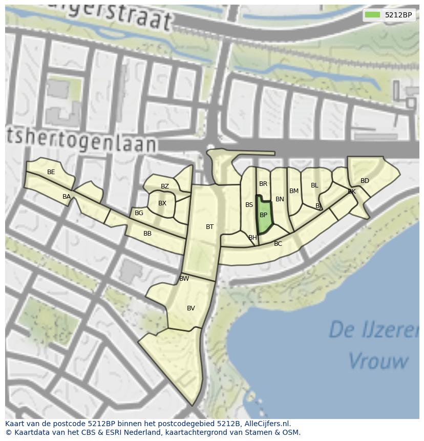 Afbeelding van het postcodegebied 5212 BP op de kaart.