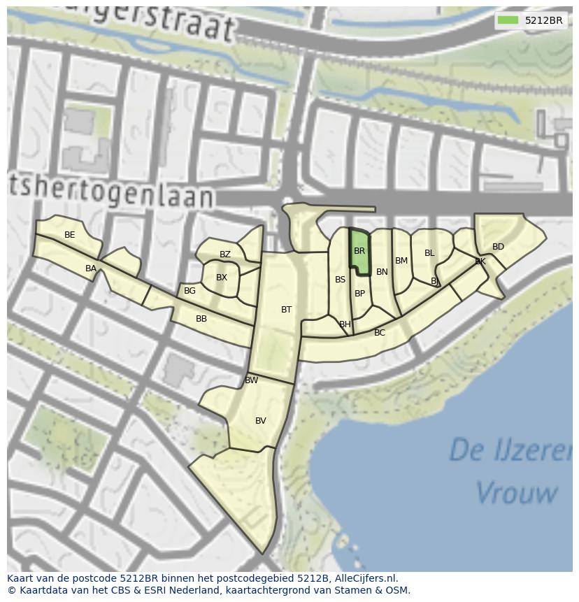 Afbeelding van het postcodegebied 5212 BR op de kaart.