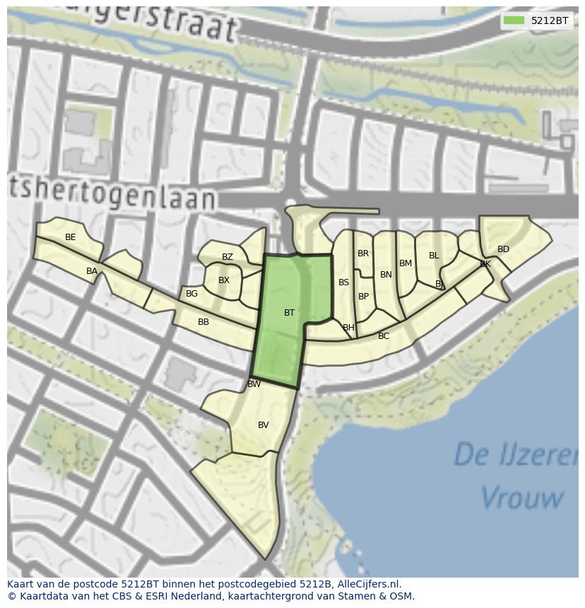 Afbeelding van het postcodegebied 5212 BT op de kaart.